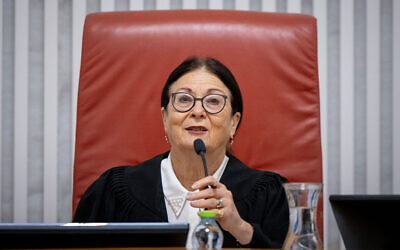 Supreme Court Chief Justice Esther Hayut at a hearing in Jerusalem on June 27, 2023. (Yonatan Sindel/Flash90)