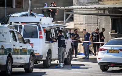 Illustrative: Police investigate a murder in Shfaram on June 28, 2023. (Flash90)