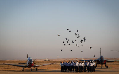 Illustrative: A graduation ceremony for soldiers who completed the IAF Flight Course, at the Hatzerim Air Base in southern Israel, June 29, 2023. (Oren Ben Hakoon/Flash90)