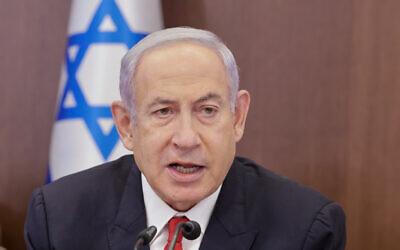 Prime Minister Benjamin Netanyahu leads the weekly cabinet meeting at his office in Jerusalem on July 9, 2023. (Marc Israel Sellem/Pool/Flash90)