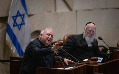 Regional Cooperation Minister David Amsalem speaks during a plenum session at the Knesset, in Jerusalem on July 10, 2023. (Yonatan Sindel/Flash90)