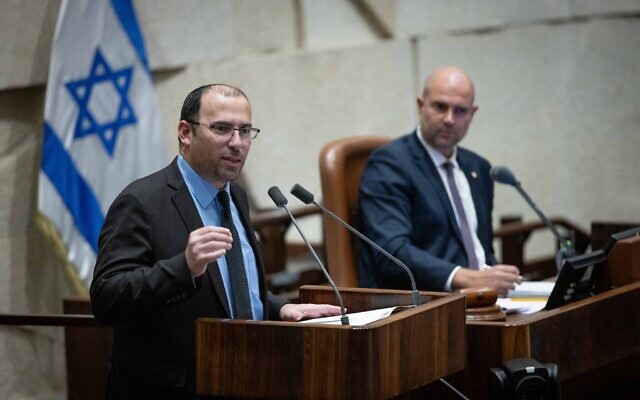 MK Simcha Rothman, head of the Knesset's Constitution, Law and Justice Committee, addresses the Knesset floor, July 10, 2023, in the debate prior to the approval of the first reading of the 'reasonableness' bill. (Yonatan Sindel/Flash90) MK Simcha Rothman, head of the Knesset's Constitution, Law and Justice Committee, addresses the Knesset floor, July 10, 2023, in the debate prior to the approval of the first reading of the 'reasonableness' bill. (Yonatan Sindel/Flash90)