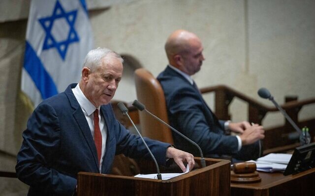 National Unity leader Benny Gantz speaks during plenum deliberations on the 'reasonableness' bill, at the Knesset, July 10, 2023. (Yonatan Sindel/Flash90) National Unity leader Benny Gantz speaks during plenum deliberations on the 'reasonableness' bill, at the Knesset, July 10, 2023. (Yonatan Sindel/Flash90)
