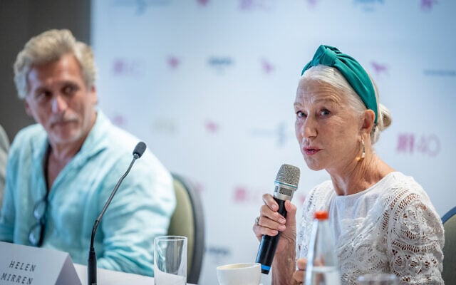 Actress Helen Mirren and co-star Lior Ashkenazi attend a press conference for the upcoming film 'Golda,' about prime minister Golda Meir, in Jerusalem, July 13, 2023. (Yonatan Sindel/Flash90) Actress Helen Mirren and co-star Lior Ashkenazi attend a press conference for the upcoming film 'Golda,' about prime minister Golda Meir, in Jerusalem, July 13, 2023. (Yonatan Sindel/Flash90)