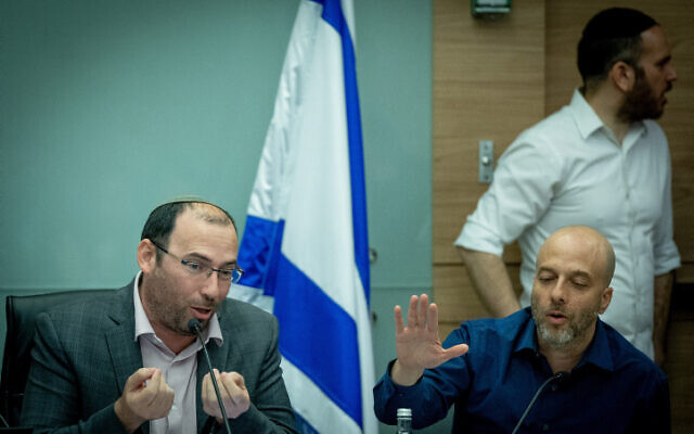 Knesset Constitution, Law and Justice Committee chairman MK Simcha Rothman (left) leads a committee meeting on a bill to severely limit the courts' use of the reasonableness standard, July 16, 2023. (Yonatan Sindel/Flash90) Knesset Constitution, Law and Justice Committee chairman MK Simcha Rothman (left) leads a committee meeting on a bill to severely limit the courts' use of the reasonableness standard, July 16, 2023. (Yonatan Sindel/Flash90)