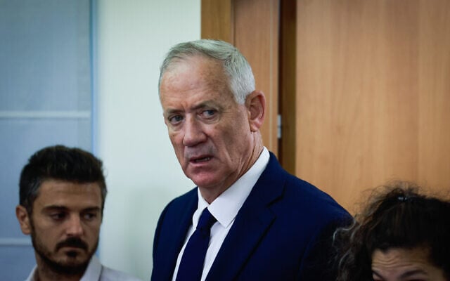 Leader of the National Unity Party MK Benny Gantz leads a faction meeting at the Knesset in Jerusalem, on July 17, 2023. (Chaim Goldberg/Flash90) Leader of the National Unity Party MK Benny Gantz leads a faction meeting at the Knesset in Jerusalem, on July 17, 2023. (Chaim Goldberg/Flash90)