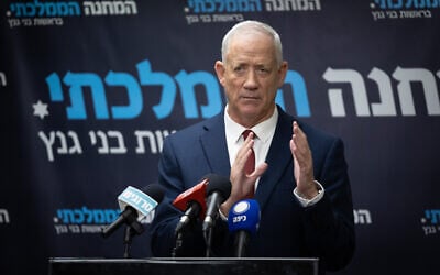 National Unity party leader Benny Gantz speaks during a press conference at the Knesset on June July 19, 2023. (Yonatan Sindel/ Flash90)