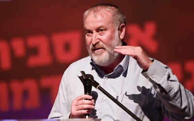 Former Attorney General Avichai Mandelblit speaks at an emergency conference on the government's planned judicial overhaul, at the Tel Aviv Art Museum, July 20, 2023. (Avshalom Sassoni/Flash90)