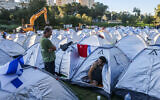 View of tents set up by opponents of the judicial overhaul at Gan Sacher in Jerusalem on July 23, 2023 (Chaim Goldberg/Flash90)