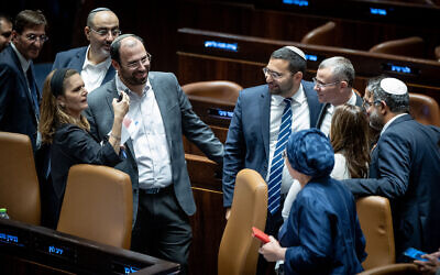Coalition MKs during a vote on the reasonableness law at the Knesset plenum in Jerusalem on July 24, 2023. (Yonatan Sindel/Flash90)