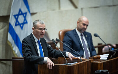 Justice Minister Yariv Levin addresses the Knesset plenum ahead of the final readings of the "reasonableness" bill, July 24, 2023. (Yonatan Sindel/Flash90)