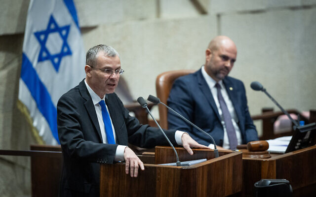 Justice Minister Yariv Levin addresses the Knesset plenum ahead of the final readings of the "reasonableness" bill, July 24, 2023. (Yonatan Sindel/Flash90)