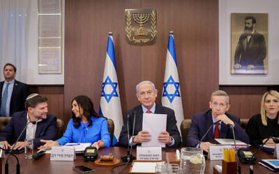 Prime Minister Benjamin Netanyahu,, center, leads a cabinet meeting, at the Prime Minister's Office in Jerusalem on July 30, 2023. (Marc Israel Sellem/Pool)