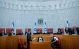 President of the Supreme Court Esther Hayut and Supreme Court justices at the High Court in Jerusalem hear petitions against the so-called 'Tiberias law,' on July 30, 2023. (Yonatan Sindel/Flash90)