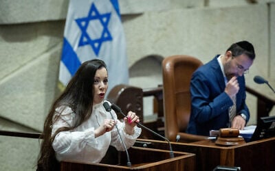 Likud MK Tally Gotliv speaks during a discussion and a vote in the Knesset, in Jerusalem on July 30, 2023. (Yonatan Sindel/Flash90)