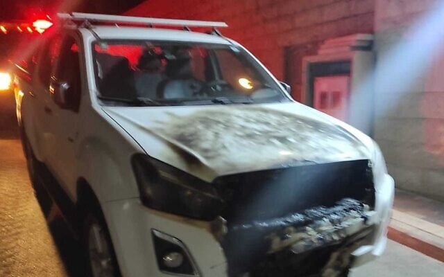 This handout photo shows damage to a car in Abu Ghosh after it was ablaze in a suspected hate crime, July 17, 2023. (Israel Police)