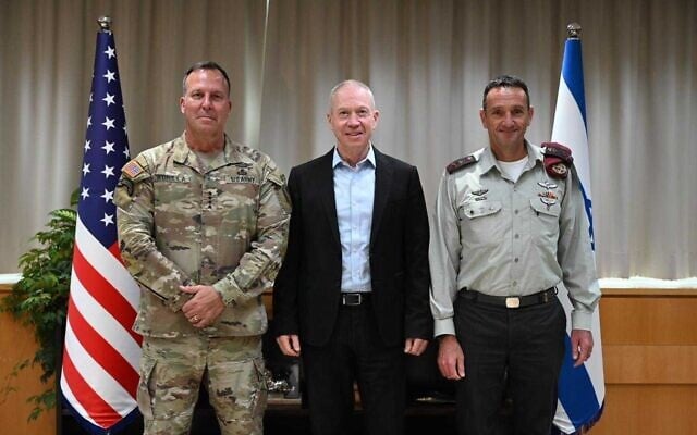 In this handout photo, US CENTCOM commander Michael Erik Kurilla meets with Defense Minister Yoav Gallant (C) and IDF Chief of Staff Herzi Halevi in Tel Aviv, July 26, 2023. (Nicole Laskavi/Defense Ministry) In this handout photo, US CENTCOM commander Michael Erik Kurilla meets with Defense Minister Yoav Gallant (C) and IDF Chief of Staff Herzi Halevi in Tel Aviv, July 26, 2023. (Nicole Laskavi/Defense Ministry)