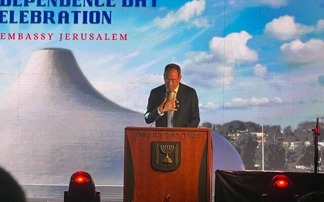 US Ambassador Tom Nides speaks at a US Independence Day celebration in Jerusalem on July 3, 2023. (Lazar Berman/ Times of Israel) US Ambassador Tom Nides speaks at a US Independence Day celebration in Jerusalem on July 3, 2023. (Lazar Berman/ Times of Israel)