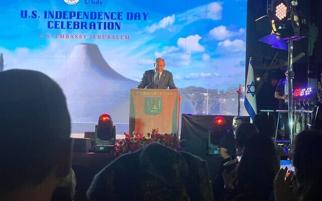 Prime Minister Benjamin Netanyahu speaks at a US Independence Day celebration in Jerusalem on July 3, 2023. (Lazar Berman/ Times of Israel) Prime Minister Benjamin Netanyahu speaks at a US Independence Day celebration in Jerusalem on July 3, 2023. (Lazar Berman/ Times of Israel)
