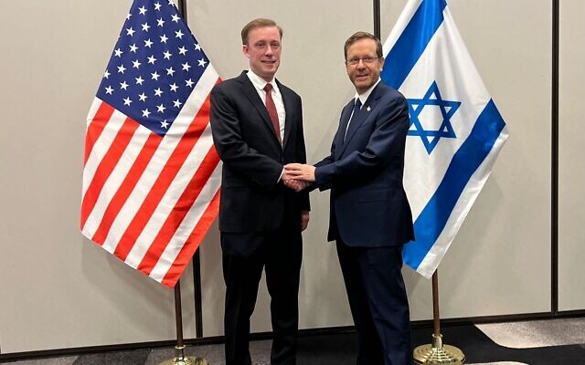 President Isaac Herzog (right) meets with US National Security Adviser Jake Sullivan in Washington on July 19, 2022. (Office of the President) President Isaac Herzog (right) meets with US National Security Adviser Jake Sullivan in Washington on July 19, 2022. (Office of the President)