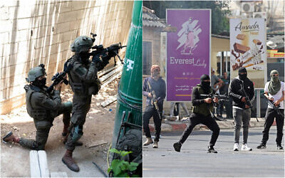 Right: Palestinian gunmen fire at Israeli forces in Jenin on July 3, 2023. Left: IDF troops are seen operating in the West Bank city, July 4, 2023. (Jaafar ASHTIYEH / AFP; Israel Defense Forces)