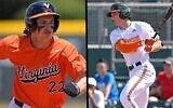 Jake Gelof, left, and Zach Levenson, right, headline the group of Jewish players drafted into Major League Baseball in 2023. (Getty Images via JTA)