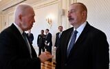 Israeli Defense Minister Yoav Gallant (left) talks with Azerbaijan's President Ilham Aliyev in Baku, Azerbaijan, July 13, 2023. (Ariel Hermoni/IMoD)