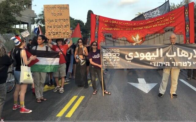 Screen capture from video of anti-government protesters holding Palestinian flags in Tel Aviv, July 1, 2023. Front banner reads 'Enough of Jewish terrorism.' (Screenshot used in accordance with Clause 27a of the Copyright Law) Screen capture from video of anti-government protesters holding Palestinian flags in Tel Aviv, July 1, 2023. Front banner reads 'Enough of Jewish terrorism.' (Screenshot used in accordance with Clause 27a of the Copyright Law)