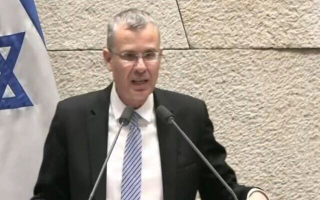 Justice Minister Yariv Levin speaks in the Knesset ahead of the first reading of the "reasonableness" bill, July 11, 2023 (Channel 13 screenshot)