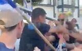 A screenshot from video of a man attacking anti-government protesters near Likud MK Shalom Danino's home in the southern town of Omer, July 7, 2023. (Twitter. Used in accordance with Clause 27a of the Copyright Law)