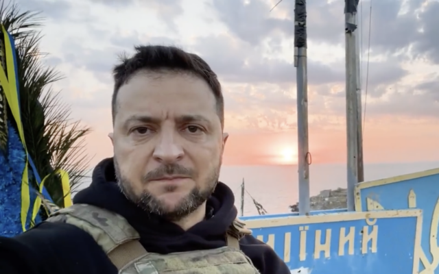 Ukrainian President Volodymyr Zelensky in video of visit to Snake Island, released on July 8, 2023 (Screen grab) Ukrainian President Volodymyr Zelensky in video of visit to Snake Island, released on July 8, 2023 (Screen grab)