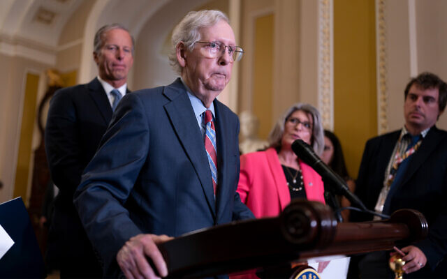 Senate Minority Leader Mitch McConnell, freezes at the microphones during a news conference at the Capitol in Washington, July 26, 2023. (AP/J. Scott Applewhite) Senate Minority Leader Mitch McConnell, freezes at the microphones during a news conference at the Capitol in Washington, July 26, 2023. (AP/J. Scott Applewhite)