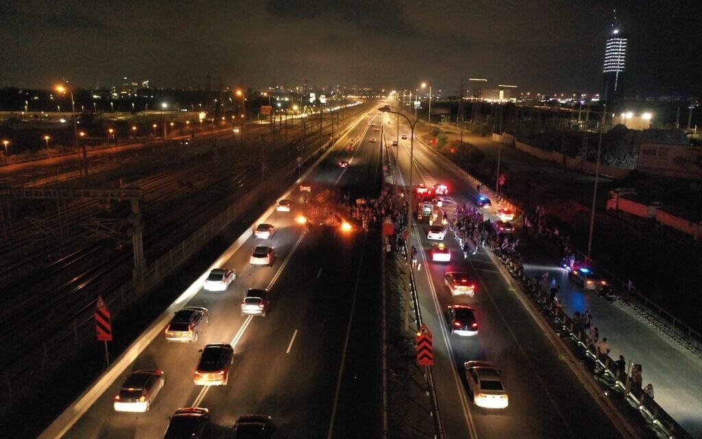 Israelis protesting against plans by Prime Minister Benjamin Netanyahu's government to overhaul the judicial system, block the Ayalon Highway in Herzliya, July 8, 2023. (Courtesy/Ohad Oran)