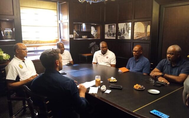HBCU administrators in Jerusalem, July 12, 2023. From left - Harold Martin, Chancellor of North Carolina A&T State University; Lazar Berman, Times of Israel; Harry Williams, President and CEO, Thurgood Marshall College Fund; Colonel Alexander Conyers, President of South Carolina State University; David Wilson, President, Morgan State University; and Quinton Ross, President, Alabama State University (Times of Israel)