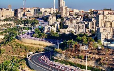 Tens of thousands of demonstrators march into Jerusalem on July 22, 2023, completing a multi-day march that started in Tel Aviv to protest the government's judicial overhaul legislation (Amir Terkel)