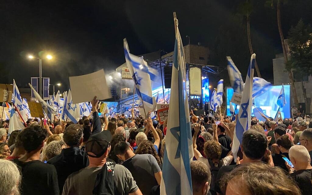 Hadag Nahash plays for thousands of anti-overhaul demonstrators outside the President’s Residence in Jerusalem on July 29, 2023. (Times of Israel) Hadag Nahash plays for thousands of anti-overhaul demonstrators outside the President’s Residence in Jerusalem on July 29, 2023. (Times of Israel)