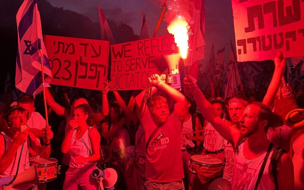 An anti-overhaul protest in Tel Aviv on July 29, 2023. (Yael Gadot) An anti-overhaul protest in Tel Aviv on July 29, 2023. (Yael Gadot)