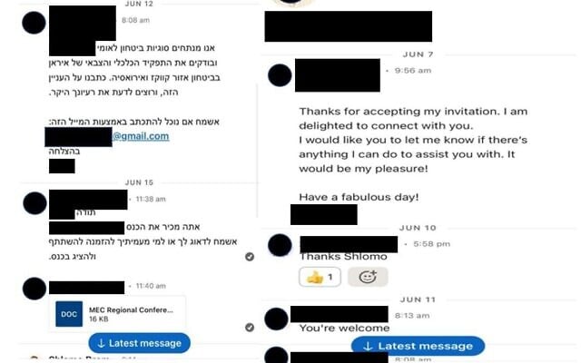 This handout photo, published by the Shin Bet security agency on July 30, 2023, shows messages on LinkedIn between alleged Iranian operatives and Israeli targets. (Shin Bet) This handout photo, published by the Shin Bet security agency on July 30, 2023, shows messages on LinkedIn between alleged Iranian operatives and Israeli targets. (Shin Bet)