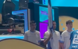 Screen grab from a video of Israel's national team holding the Israeli flag and singing the Israeli national anthem 'Hatikva' at the general rehearsal of the opening ceremony of the 2023 FIFAe World Cup in Riyadh, July 10, 2023 (twitter.com/Kann_news)