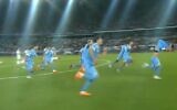 Israel's Under-21 soccer team reacts upon winning a semifinal spot in the European Championship by beating Georgia in a penalty shootout, on July 1, 2023 (Video screenshot; used in accordance with Clause 27a of the Copyright Law)