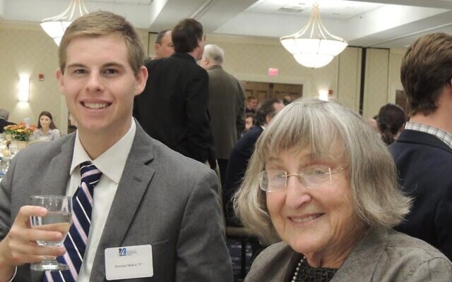 Claire Golomb (right) with the winner of a scholarship given at the University of Massachusetts Lowell to environmental science majors in memory of her late husband, fellow Holocaust survivor Dan Golomb, October 27, 2015. (Environmental, Earth & Atmospheric Sciences at UMass Lowell via JTA) Claire Golomb (right) with the winner of a scholarship given at the University of Massachusetts Lowell to environmental science majors in memory of her late husband, fellow Holocaust survivor Dan Golomb, October 27, 2015. (Environmental, Earth & Atmospheric Sciences at UMass Lowell via JTA)