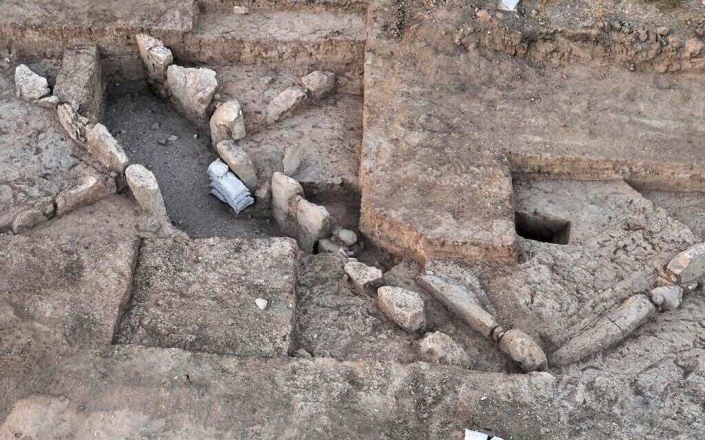 An aerial view of the 5,500-year-old gate at Tel Erani, the oldest known gate in Israel, taken in 2023 before the area was backfilled for preservation. (Emil Aladjem/IAA)