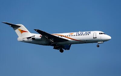 Illustrative: A Tus Airways flight comes in to land at Larnaca Airport, southern Cyprus, August 17, 2018. (Matthieu CLAVEL / AFP)