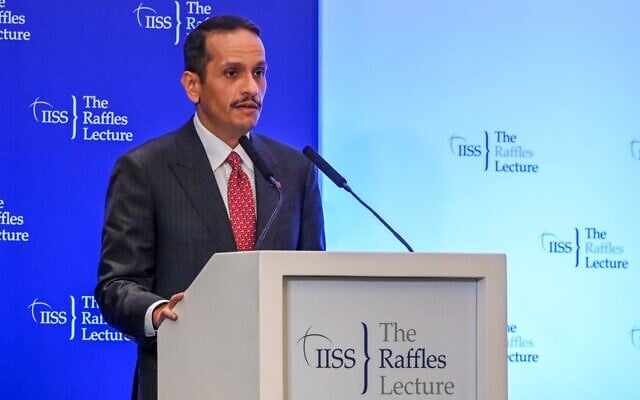 Qatar's Prime Minister Mohammed bin Abdulrahman Al-Thani delivers a speech at the IISS Raffles Lecture in Singapore on August 25, 2023. (Roslan RAHMAN / AFP) Qatar's Prime Minister Mohammed bin Abdulrahman Al-Thani delivers a speech at the IISS Raffles Lecture in Singapore on August 25, 2023. (Roslan RAHMAN / AFP)