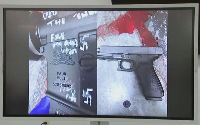 This video grab shows a press conference screen displaying a handgun found on the scene of a shooting in Jacksonville, Florida, August 26, 2023. (AFP) This video grab shows a press conference screen displaying a handgun found on the scene of a shooting in Jacksonville, Florida, August 26, 2023. (AFP)