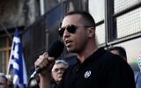 Then-Golden Dawn lawmaker Ilias Kasidiaris speaks during a rally against the construction of a mosque in central Athens, Sept. 5, 2018. (Panayotis Tzamaros/NurPhoto/Getty Images)