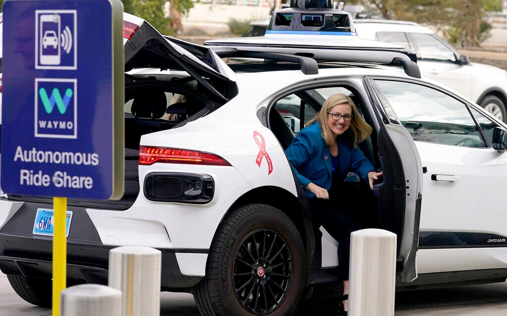 Phoenix Mayor Kate Gallego arrives in a Waymo self-driving vehicle on December 16, 2022, at the Sky Harbor International Airport Sky Train facility in Phoenix. (AP Photo/Matt York, File)