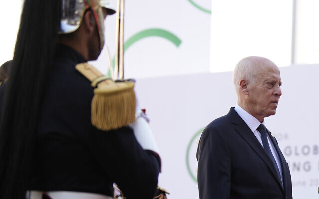 Tunisian President Kais Saied arrives for the closing session of the New Global Financial Pact Summit, Friday, June 23, 2023 in Paris.  (AP Photo/Lewis Joly, Pool)
