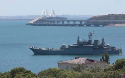 A Russian military landing ship not far from Kerch, Crimea, July 17, 2023. (AP Photo)