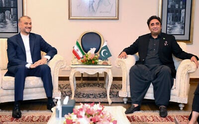 Iranian Foreign Minister Hossein Amirabdollahian, left, meets with his Pakistani counterpart Bilawal Bhutto Zardari, in Islamabad, Pakistan, August 3, 2023. (Pakistan Ministry of Foreign Affairs via AP)